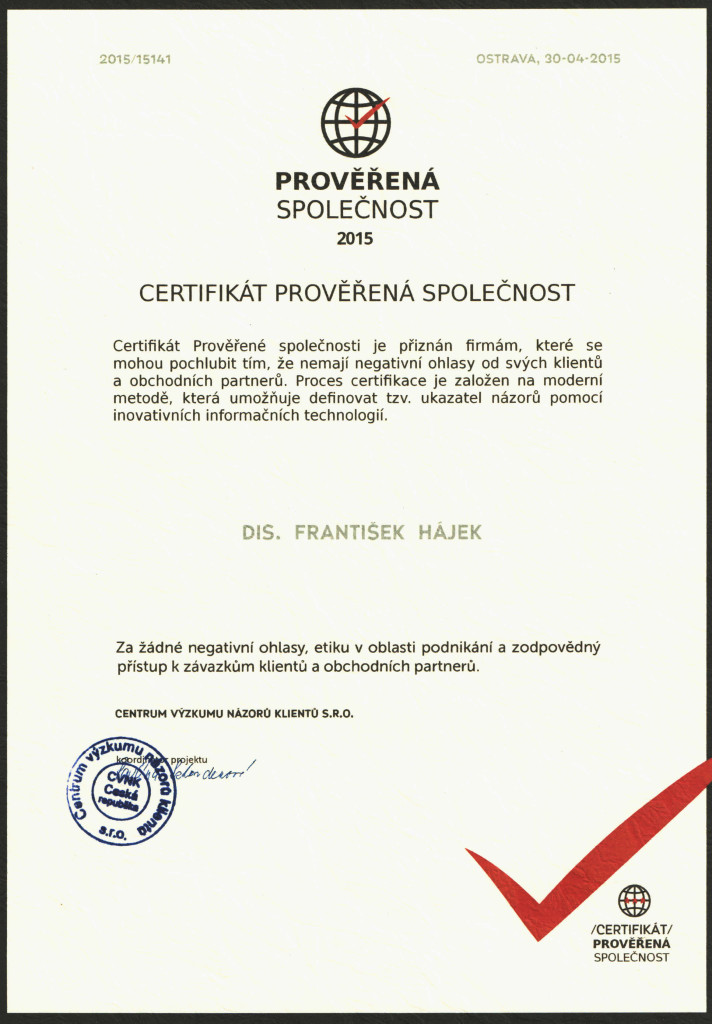 Certifikát prověřená firma